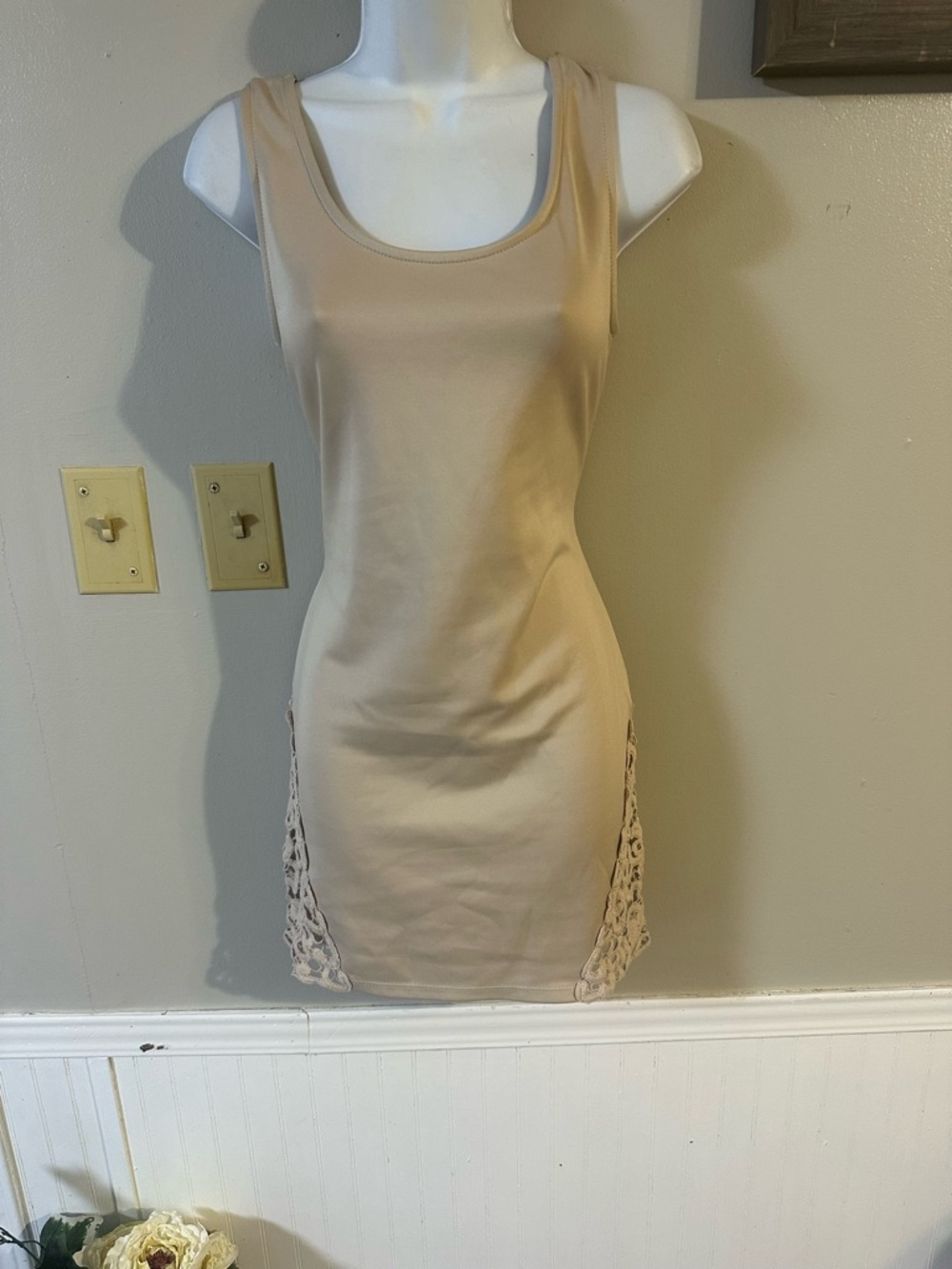 Beige Sleeveless Bodycon Dress with Lace Side Panels